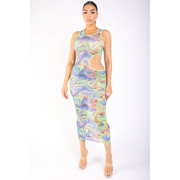 Dresses & Skirts - Womens Marble Print Fishnet Cut-Out Midi Long Dress Bodycon Sleeveless Crew Neck